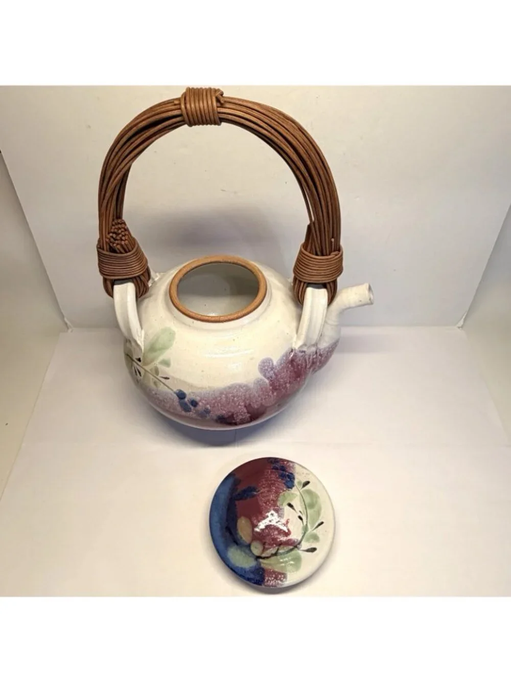 Jeff Chang Hawaii Art Pottery Large Lidded Teapot 2000 Floral Painted Glazed